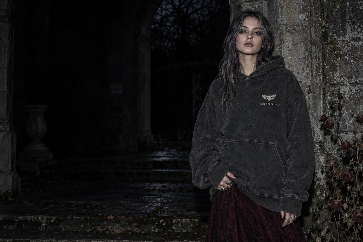 An independent spirit in a Grim Offerings snow-wash hoodie, photographed in a stone garden after dark