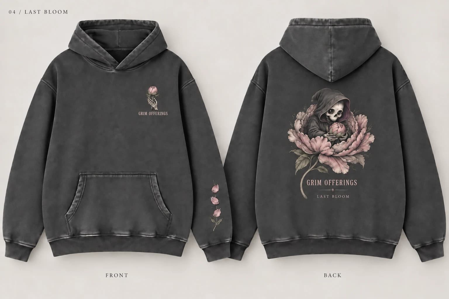 Last Bloom charcoal snow-wash hoodie, back design