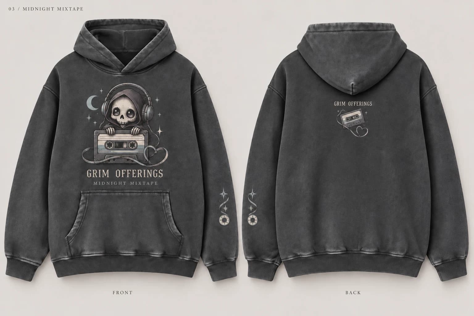 Midnight Mixtape charcoal snow-wash hoodie, front design
